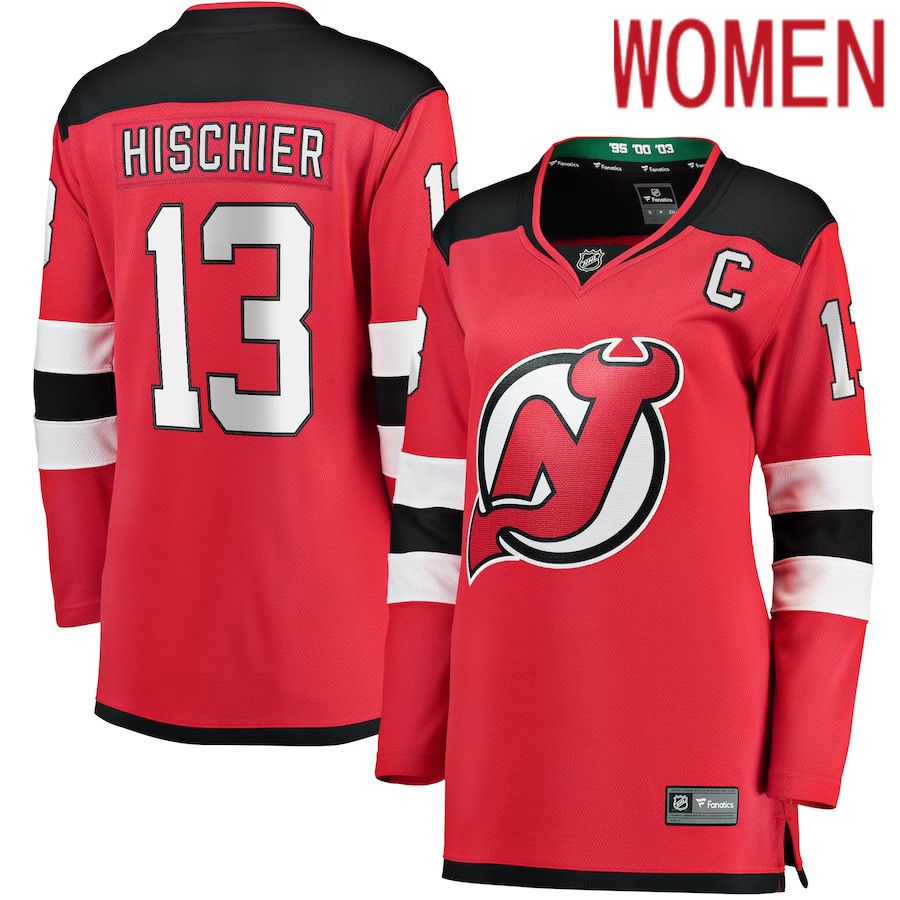 Women New Jersey Devils #13 Nico Hischier Fanatics Branded Red Captain Patch Home Breakaway NHL Jersey